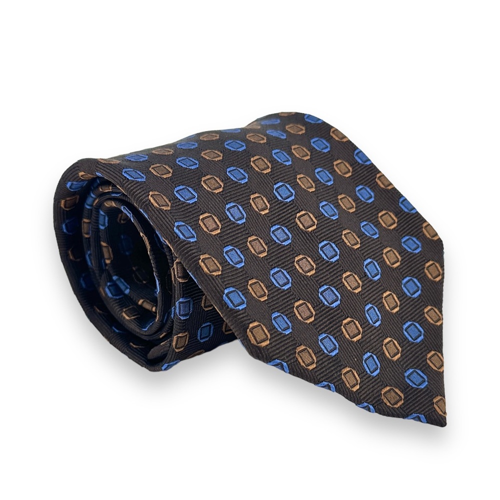 FRANCK NAMANI $500 MSRP Brown Blue Printed European Luxury Designer Silk Tie